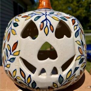 Handcrafted Ceramic Pumpkin Lantern with Leaf Design